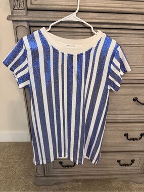 Blue and White Striped Sequin Tee